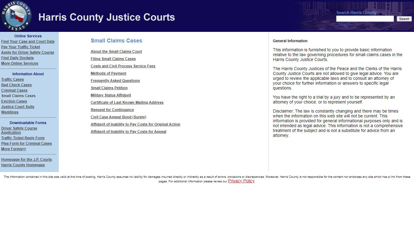 Information about Small Claims Cases - Harris County, Texas